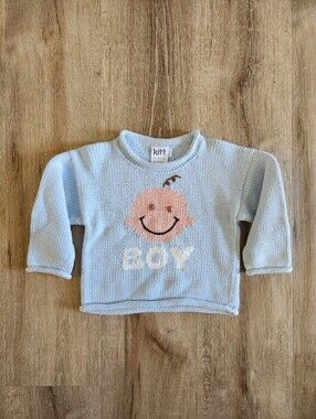 Kitt Handmade Knitwear Blue Boy Sweater 100% Cotton Size 12 Months
